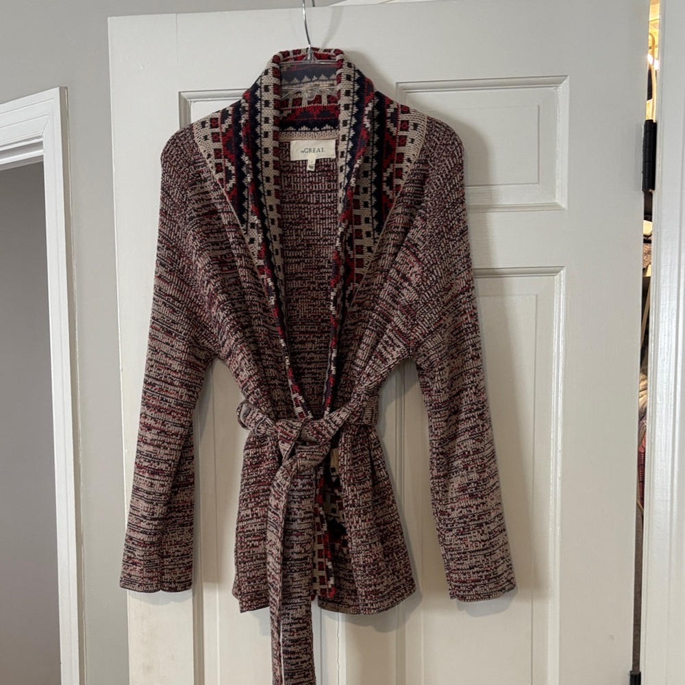 THE GREAT. Red and Brown Knit Cardigan